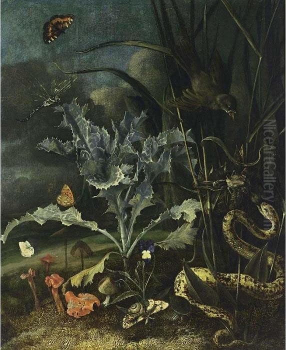 A Forest Floor Still Life With A
 Milk Thistle, Mushrooms, A Wood Snail, A Blue, A Queen Of Spain 
Fritillary, An Emperor Moth, A Tortoise Shell, A Dragon-fly, Together 
With An Aspis Adder Taking A Fledgeling From A Nest Of A Sedge-warbler Oil Painting by Otto Marseus Snuff. Van Schrieck