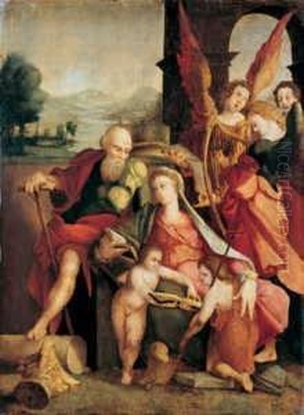 Umkreis Die Heilige Familie Mit 
Dem Johannesknaben Und Engeln Vor Landschaftshintergrund. Ol Auf Holz. H
 69,5; B 51 Cm. Farbtafel Oil Painting by Jan Van Scorel