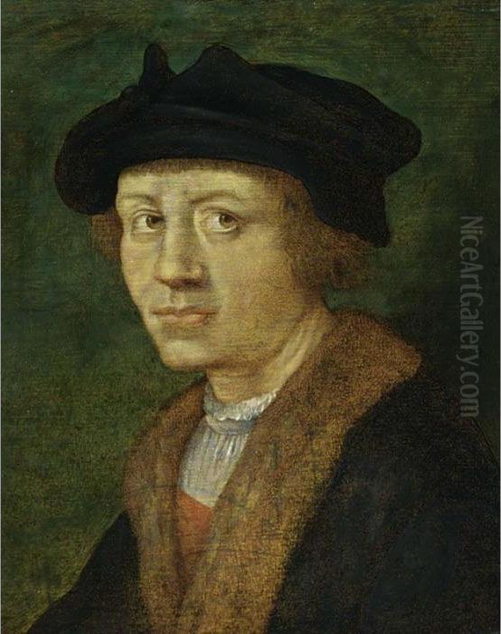 A Portrait Of A Young Man, Head 
And Shoulders, Wearing A Fur-lined Black Coat And A Black Beret Oil Painting by Jan Van Scorel