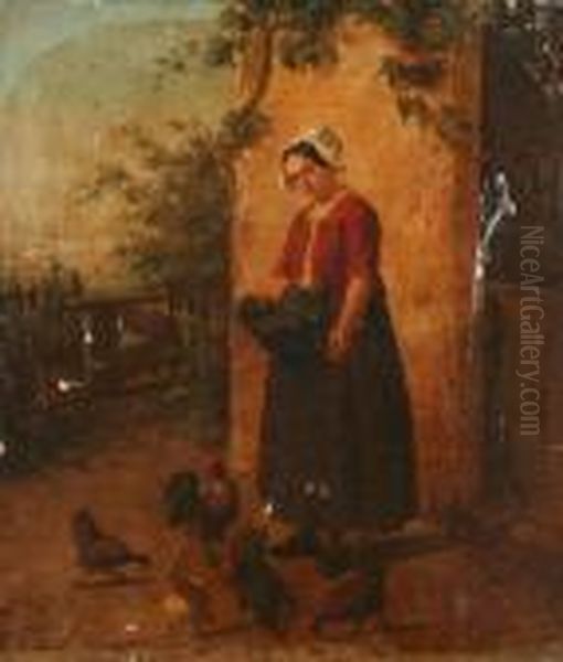 Henri Van Seben (1825-1913) 
Feeding The Chickens Oil Painting by Henri van Seben