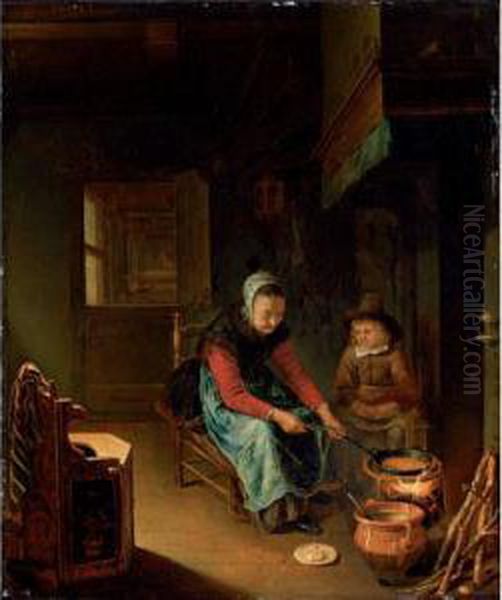Interior With A Woman Cooking 
Pancakes With A Young Boy Before A Hearth Oil Painting by Pieter Cornelisz. van SLINGELANDT