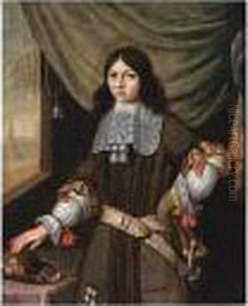 A Portrait Of A Young Nobleman, 
Standing Three Quarter Length, Wearing A Dark-green Costume With A 
Sable, White Lace Collar And Sleeves Adorned With Red Ribbons, With His
 Hat On A Table Oil Painting by Pieter Cornelisz. van SLINGELANDT