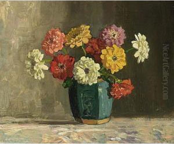 A Still Life With Chrysanthemum 
In A Blue Vase; Together With A Flower Still Life By The Same Artist Oil Painting by Louis Willem Van Soest