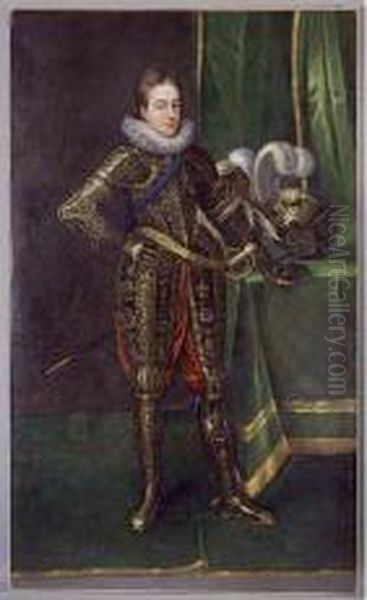 Standing Full Length Before A 
Green Velvet Drape, In A Gold Embroidered Costume, Leaning Against A 
Table. Oil Painting by Paulus Van Somer