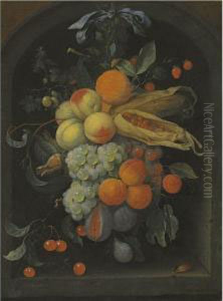 A Still Life Of Peaches, Grapes,
 Figs, Cherries, Apricots And Husksof Maize Suspended In A Stone Niche 
From A Spike With A Blue Bow,together With A Beetle And A Caterpillar Oil Painting by Joris Van Son