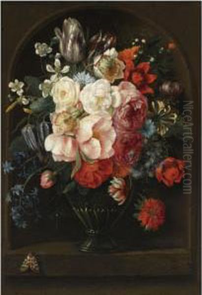 A Still Life Of Roses, Parrot 
Tulips, A Hyacinth, Honeysuckle,anemones And Other Flowers In A Glass 
Vase, Together With Abutterfly, In A Stone Niche Oil Painting by Joris Van Son