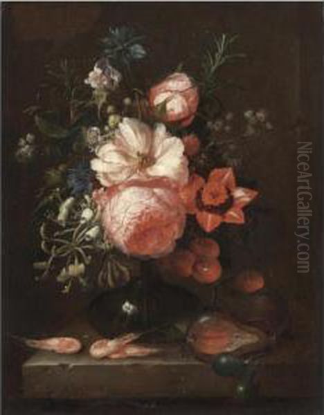 A Still Life With Roses, 
Honeysuckle, Other Flowers And Summer Fruits In A Glass Vase, Shrimps On
 The Stone Ledge Below Oil Painting by Joris Van Son