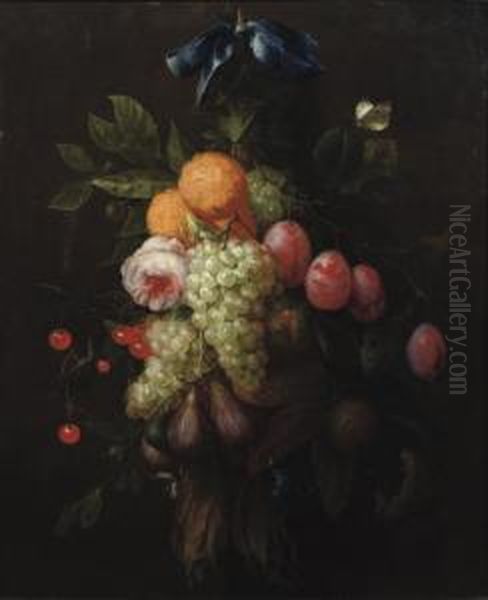 Oranges, Prunes, Cherries, Figs,
 Grapes, And A Rose Hanging From A Blue Ribbon Tied To A Nail, With A 
Butterfly And Other Insects Nearby Oil Painting by Joris Van Son