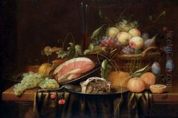 Ham And A Sweetmeat Pie On 
Pewter Plates, Peaches, Grapes, Figs And Plums In A Basket, A Bread 
Roll, Oranges, A Sprig Of Cherries, A Bunch Of Grapes, A Facon-de-venise
 Glass And A Spoon On A Partly-draped Table Oil Painting by Joris Van Son