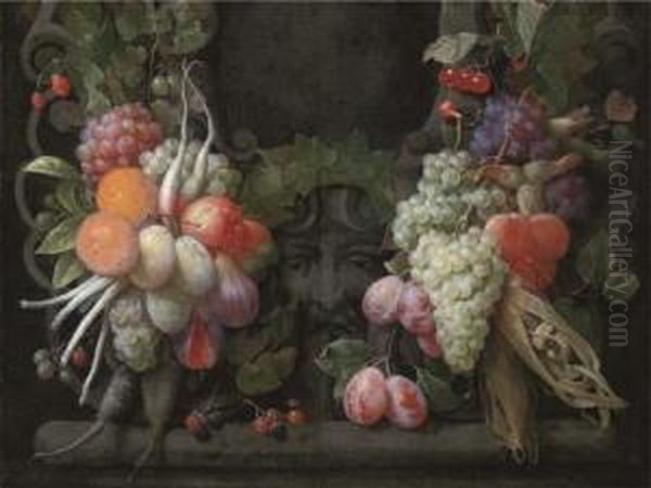 Grapes, Gooseberries, 
Blackberries, Figs, Oranges, Plums, Radishes,asparagus, Maize, Cherries 
And Other Fruits Surrounding A Stonecartouche With A Sculpted Head Oil Painting by Joris Van Son