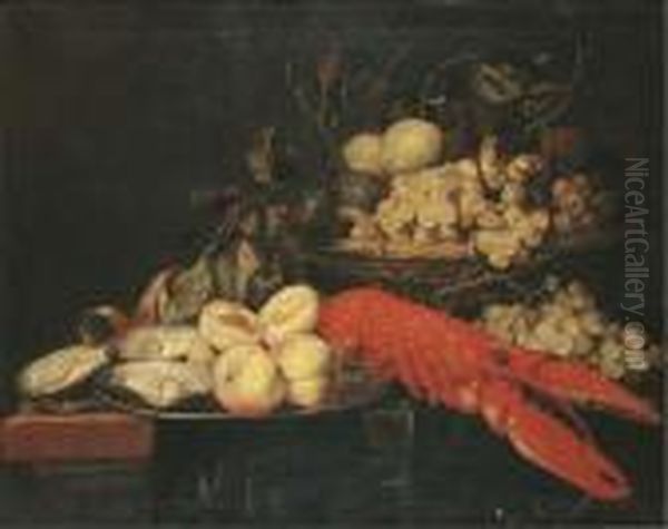 Peaches And Oysters On A Silver 
Platter With Grapes, Plums Andpeaches In A Basket And A Lobster On A 
Partially Coveredtable Oil Painting by Joris Van Son