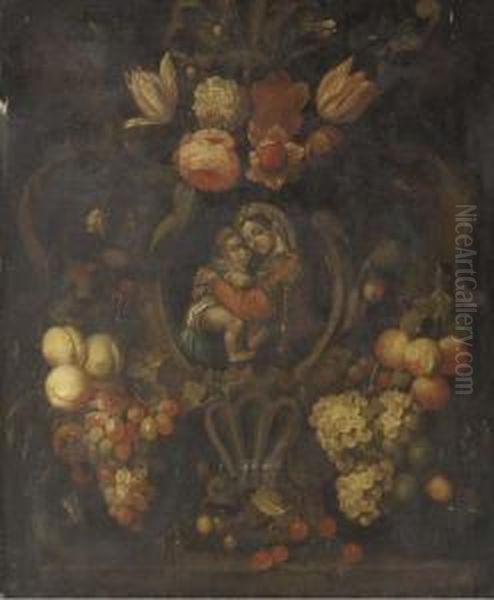 The Madonna And Child In A 
Cartouche Decorated With Roses, Tulips, Grapes, Peaches, Cherries And 
Other Flowers And Fruit Oil Painting by Joris Van Son