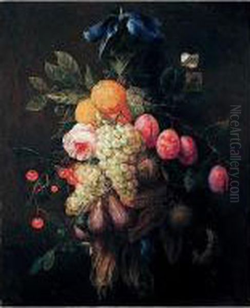 Still Life Of A Garland Of 
Grapes, Oranges, Plums, Figs, Cherries And A Rose, Suspended From A Nail
 Tied With A Blue Ribbon, With A Fly And A White Butterfly Oil Painting by Joris Van Son
