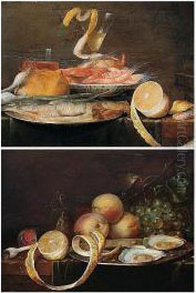 A Still Life Of Shrimps In A 
Blue-and-white Porcelain Bowl, Together With A Herring On A Pewter Dish,
 A Peeled Lemon, A Wine Glass, Bread And Onions, All Arranged Upon A 
Partly Draped Table-top Oil Painting by Joris Van Son