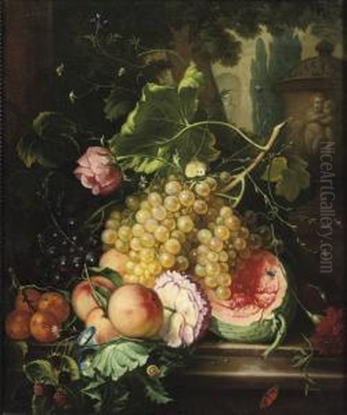 Grapes, A Melon, Peaches And 
Other Fruit, A Rose, Violets And Otherflowers On A Stone Ledge In A Park
 Landscape Oil Painting by Cornelis van Spaendonck