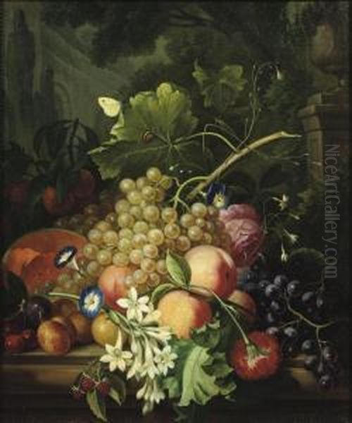 Grapes, Peaches, A Melon And 
Other Fruit, Violets, A Rose And Otherflowers On A Stone Ledge In A Park
 Landscape Oil Painting by Cornelis van Spaendonck