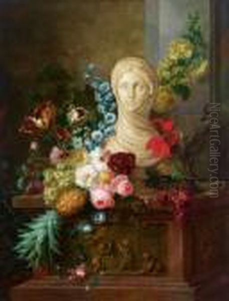 Bottega Un Busto Femminile In 
Pietra Su Un Piedistallo In Pietra Circondato Da Fiori E Frutta Oil Painting by Cornelis van Spaendonck