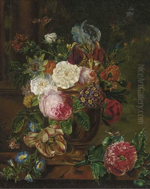 Still Life Of Roses, 
Chrysanthemums, Tulips, Astors, Sweet Williams And Trumpet Flowers In An
 Urn On A Marble Ledge Oil Painting by Cornelis van Spaendonck