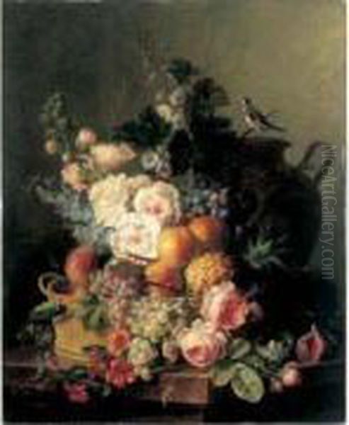 Nature Morte Au Panier De Fruits
 Et Fleurs Nid Vase Et Oiseau Sur Un Entablement De Marbre Oil Painting by Cornelis van Spaendonck