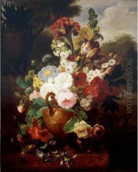 Still Life Of Flowers In An Urn 
Resting On A Marble Ledge With A Bird's Nest, A Landscape Beyond Oil Painting by Cornelis van Spaendonck
