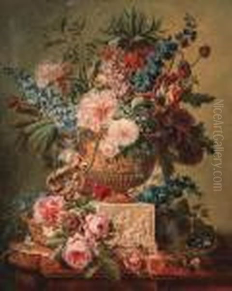 Tulips, Poppies, Roses And Other
 Flowers In A Sculpted Vase On Apedestal With Roses In A Basket And A 
Bird's Nest On A Marbleledge Oil Painting by Cornelis van Spaendonck