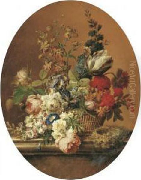 A Tulip, Primroses, 
Forget-me-not, Roses, Delphinium, Buttercup, Poppies, Morning Glory And 
Other Flowers In A Basket With A Dunnock's Nest On A Stone Ledge Oil Painting by Gerard Van Spaendonck