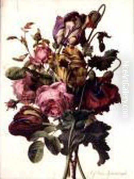 A Bouquet Of Tulips, Roses And 
An Opium Poppy, With A Pale Clouded Yellow Butterfly, A Red Longhorn 
Beetle And A Sevenspotted Ladybug Oil Painting by Gerard Van Spaendonck