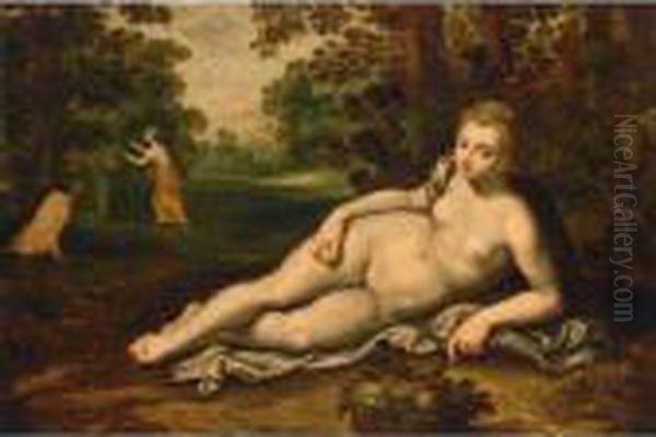 Ceres Reclining In A Forest 
Landscape With A Monkey Eating A Fig And A Fruit Basket, Figures In The 
Background Oil Painting by Adriaan van Stalbemt