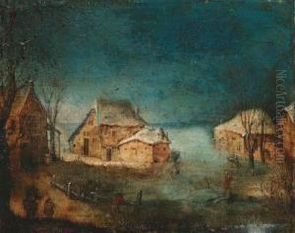 A Coastal Winter Landscape With 
Fishermen On A Path By A Village;and A Wooded Landscape With Figures By A
 Colonnaded Manorhouse Oil Painting by Adriaan van Stalbemt