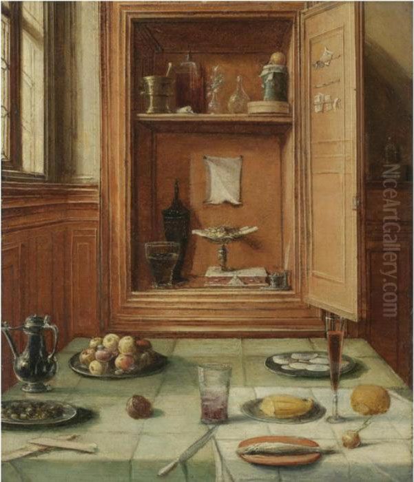 A Still Life Of Olives On A 
Pewter Plate, A Pewter Jug, Apples On A Pewter Plate, A Pomegranate, A 
Knife And A Glass, Together With A Herring On A Stoneware Plate, Bread 
On A Pewter Plate, A Flute Of Wine, Oysters On A Pewter Plate, A Bread 
Roll,  Oil Painting by Hendrick van, the Younger Steenwyck