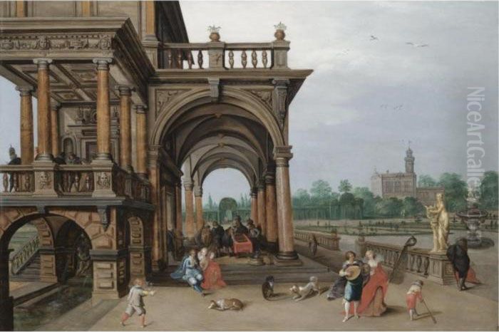 The Gardens Of A Palace, With 
Elegant Figures Strolling, Making Music And Playing Backgammon In A 
Loggia Oil Painting by Hendrick van, the Younger Steenwyck