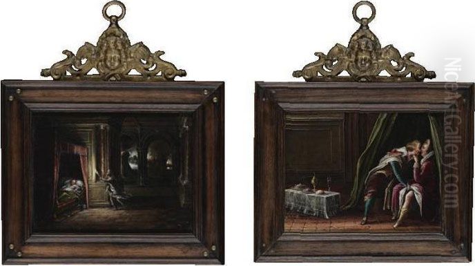 Recto: Interior With Aeneas 
Rescuing Anchises From Burning Troyverso: An Amorous Couple In An 
Interior Oil Painting by Hendrick van, the Younger Steenwyck