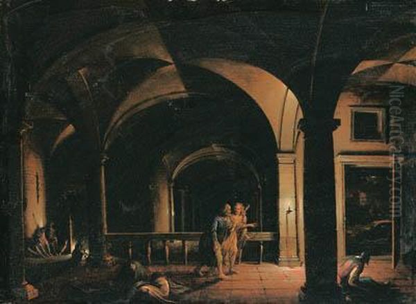 The Interior Of A Crypt With The
 Liberation Of Saint Peter, An Opendoor Leading To A Moonlit Landscape 
Beyond Oil Painting by Hendrick van, the Younger Steenwyck