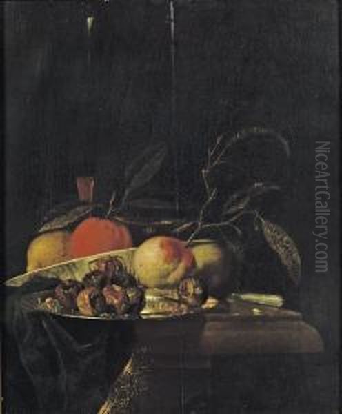 A Lemon And An Orange In A 
Porcelain Bowl, A Glass Of Wine, Dates On A Silver Plate, An Apple, A 
Peach And A Knife, All On A Partially Draped Table Oil Painting by Juriaen van Streeck