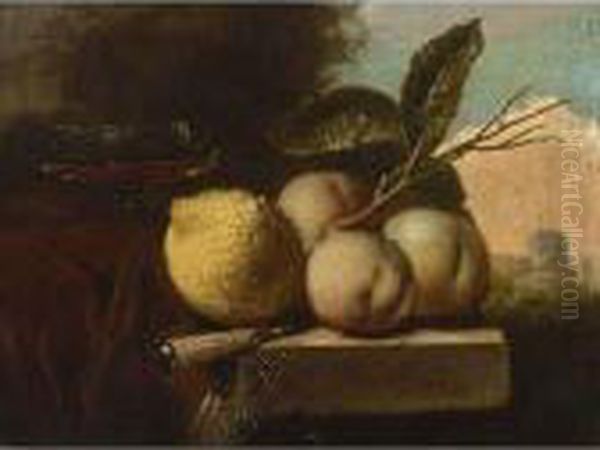 A Still Life Of A Lemon, 
Peaches, A Venetian Glass And A Knife, All On A Stone Ledge Draped With A
 Red Cloth, In A Landscape Oil Painting by Juriaen van Streeck