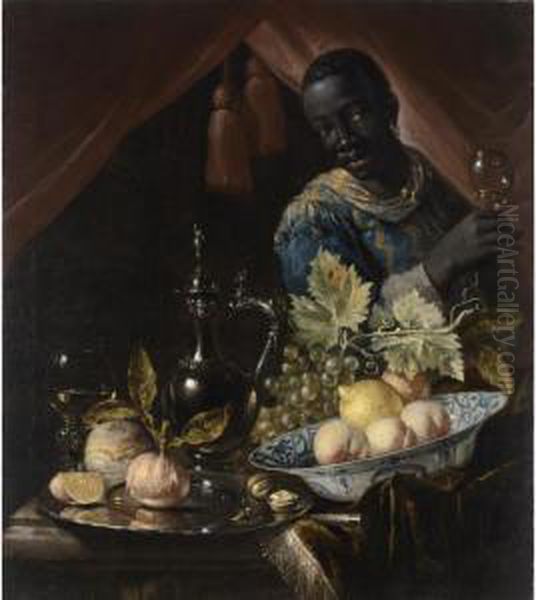 A Still Life With Peaches And A 
Lemon In A Wan-li Bowl, Oranges And Walnuts On A Silver Plate, Grapes, A
 Roemer, A Silver Can And A Knife, All On A Draped Table, Together With A
 Black Servant Oil Painting by Juriaen van Streeck
