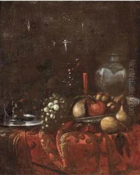 Grapes, Pears, Roemers, An 
Earthenware Jug, A Pewter Dish And Otherfruit On A Draped Table Oil Painting by Juriaen van Streeck