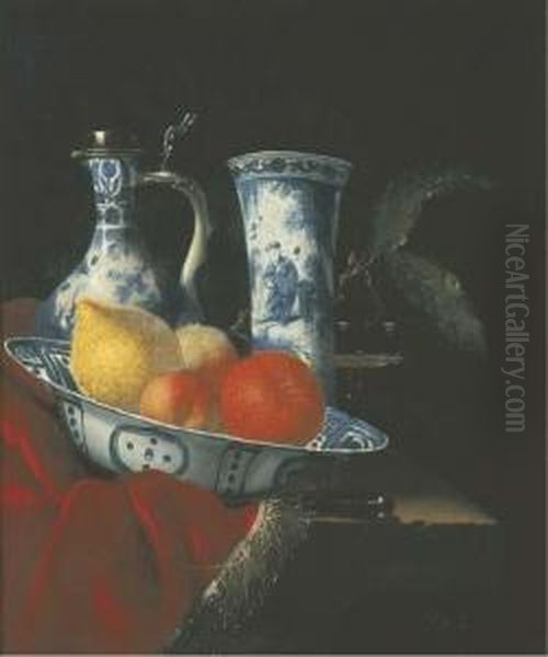 A Blue And White Wan-li Klapmuts
 Bowl With Peaches, A Lemon And Anorange, A Silver-mounted Transitional 
Ewer, A Beaker, A Glass Tazzaand A Knife On A Partly-draped Stone Ledge Oil Painting by Juriaen van Streeck