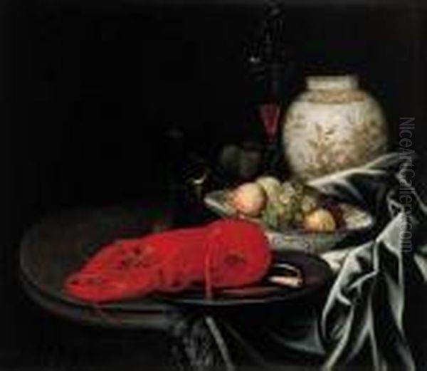 A Lobster And A Knife On A 
Pewter Plate, Grapes And Peaches In Awan-li Bowl, A Roemer, A 
Faon-de-venise Wineglass And A Porcelainjar On A Draped Stone Ledge Oil Painting by Juriaen van Streeck