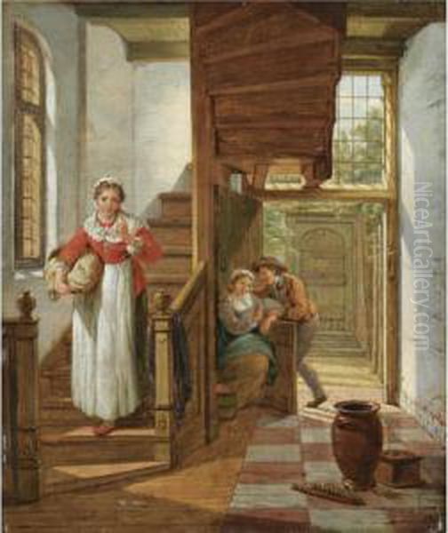 An Interior Scene With A Maid 
Eavesdropping On The Stairs On Anamorous Couple, A View Of A Courtyard 
Beyond Oil Painting by Abraham van, I Strij