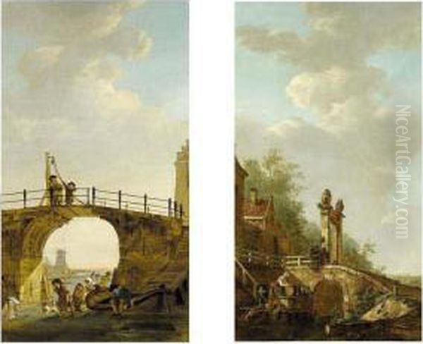 A Summer Landscape With A Woman 
Scouring Pots, Together With A Child And A Dog Near A Stone Bridge Over A
 Canal Oil Painting by Abraham van, I Strij
