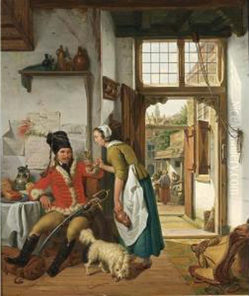 An Interior Of An Inn With An 
Officer Drinking A Glass Of Wine And A Serving Woman Holding A Jug, A 
View Of The Courtyard With A Fish Vendor Beyond Oil Painting by Abraham van, I Strij