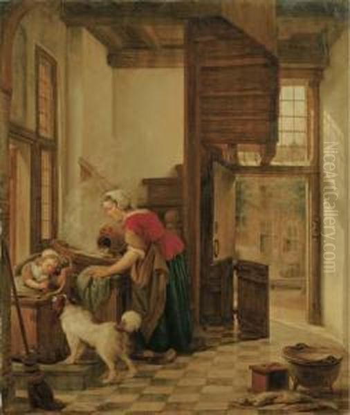 An Interior With A Child Seated 
In A High Chair Teasing A Dog, A Servant Washing By The Window Behind 
Her Oil Painting by Abraham van, I Strij
