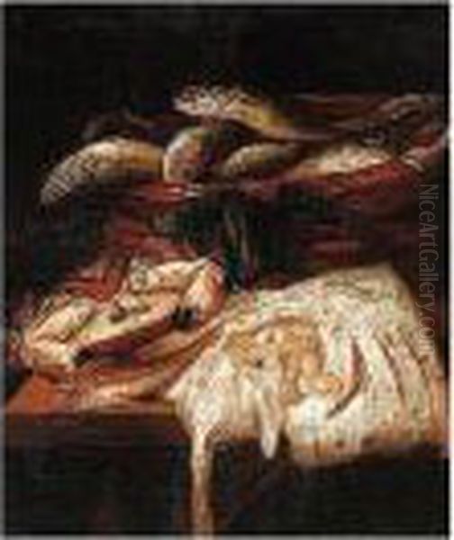 Still Life Of Crab, Skate And 
Salt Water Fish In A Wicker Basket, Arranged Upon A Stone Ledge Oil Painting by Abraham van, I Strij