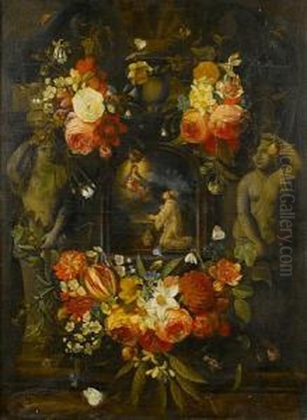 A Bishop Saint Before The Virgin
 And Child Within A Carved Stone Niche Decorated With Tulips, 
Carnations, Roses, Convolvulus And Other Flowers Oil Painting by Jan Philip van Thielen