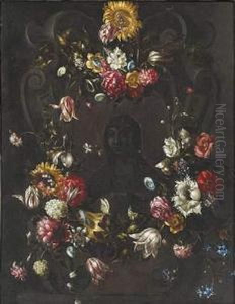 Guirlande De Fleurs Ornees De 
Papillons Avec Au Centre Stemadeleine En Buste Inscrite Dans Un Blason A
 Enroulements. Oil Painting by Jan Philip van Thielen