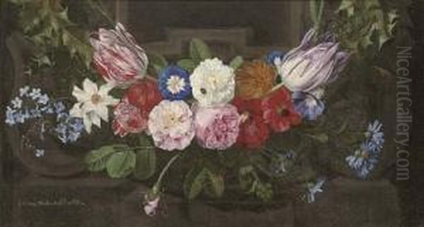 A Swag Of Parrot Tulips, Roses, 
Convolvulus, Anenomies, Holly, Narcissi And Other Flowers, Before A 
Carved Stone Niche Oil Painting by Jan Philip van Thielen