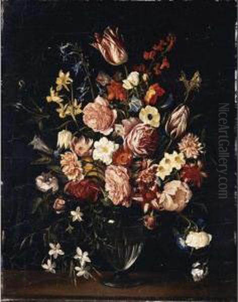 Still Life With Tulips, Roses, 
Narcissi, Carnations, Daffodils And Various Other Flowers In A Glass 
Vase On A Ledge Oil Painting by Jan Philip van Thielen