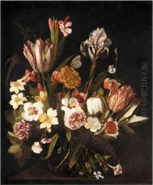 A Still Life Of Tulips, Roses, 
Irises, Carnations And Various Other Flowers Together In A Glass Vase On
 A Ledge Oil Painting by Jan Philip van Thielen