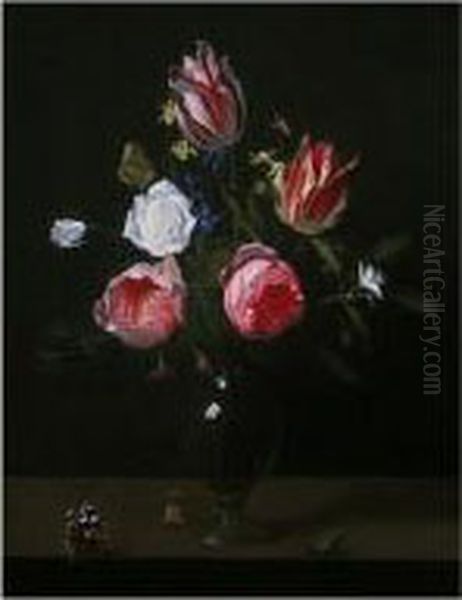 A Still Life Of Roses, Tulips, 
Bluebells, Narcissi, And Other Flowers In A Glass Vase, With A Bee And A
 Red Admiral Butterfly On A Wooden Ledge Oil Painting by Jan Philip van Thielen